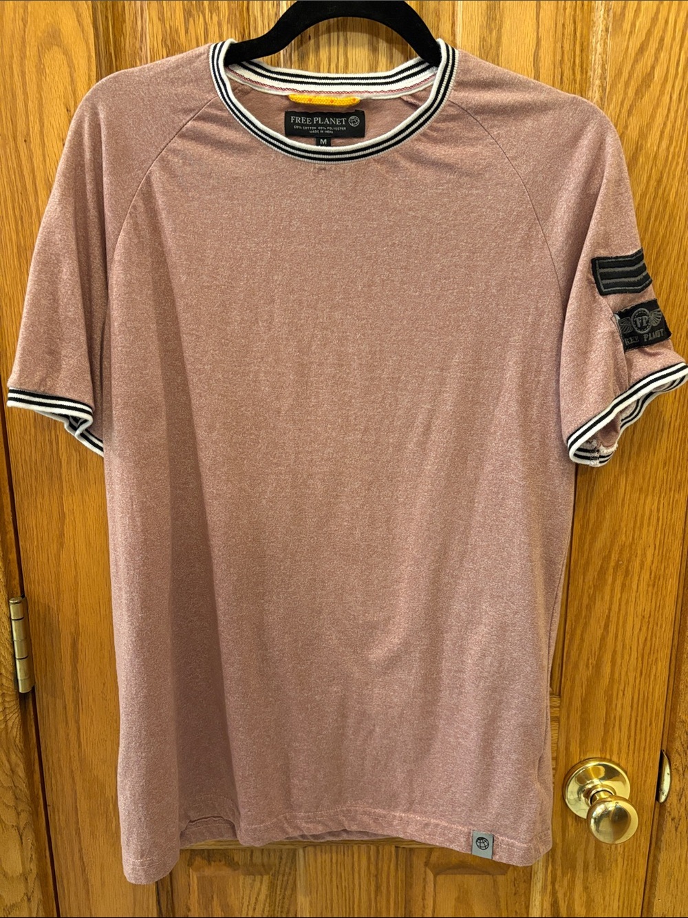 Free Planet Unisex Rose Taupe Short-Sleeve Crewneck Tee with Striped Trim